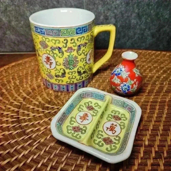 Vintage Zhongguo Jingdezhen China Porcelain Mug/Divided Sauce Dip/Enesco Vase - Picture 9 of 9
